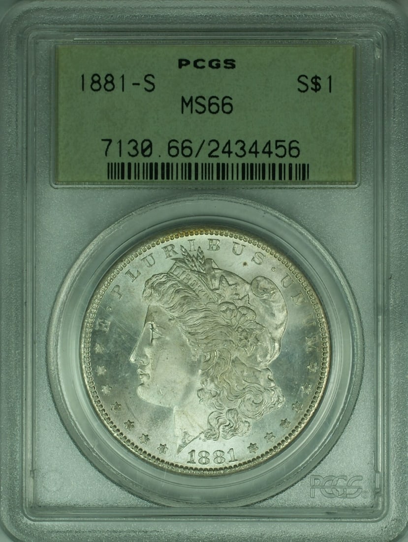 PCGS MS-66 Green Label 1881-S Morgan Silver Dollar Uncirculated $1 Coin: PCGS MS-66 Green Label 1881-S Morgan Silver Dollar Uncirculated $1 Coin This is an 1881-S Morgan Silver Dollar, graded MS-66 by PCGS and presented in a vintage Green Label Holder. The coin was minted 