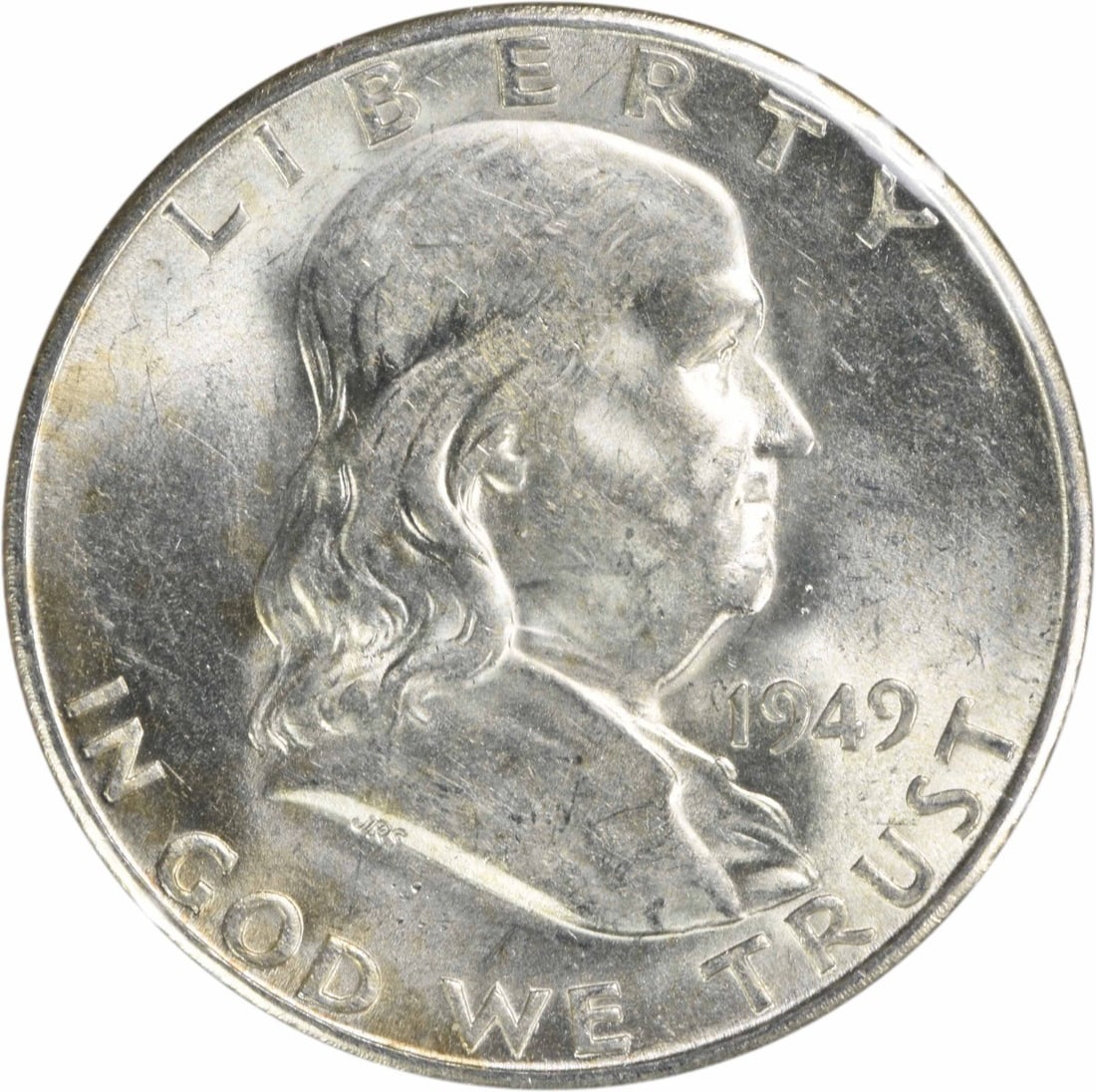 1949-S Franklin Silver Half Dollar RPM1 BU Uncertified: 1949-S Franklin Silver Half Dollar RPM1 BU Uncertified This is a 1949 Franklin Silver Half Dollar featuring the S/S RPM1 variety. The coin is uncirculated and in Brilliant Uncirculated (BU) condition.