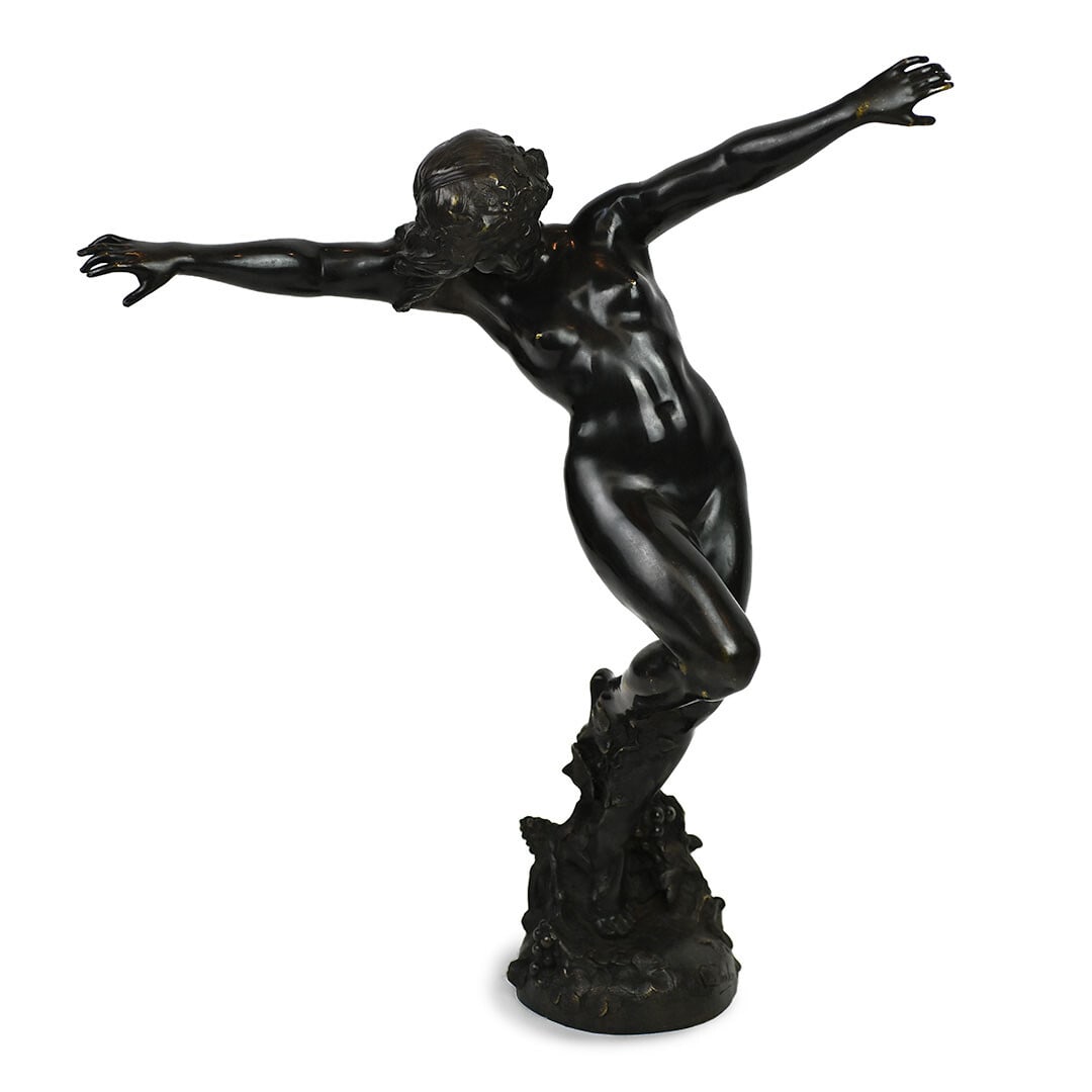 Carl Binder Dancing Nude Bacchante bronze sculpture circa 1905: Carl Binder Dancing Nude Bacchante bronze sculpture circa 1905 Patinated bronze sculpture titled Dancing Nude Bacchante, circa 1905, by Swiss designer Carl Binder. The work depicts a nude female figur