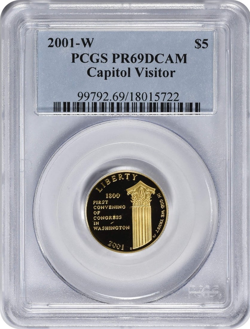 PCGS PR69DCAM 2001-W Gold $5 Capitol Visitor Center Proof Coin: PCGS PR69DCAM 2001-W Gold $5 Capitol Visitor Center Proof Coin This is a 2001-W Capitol Visitor Center $5 gold commemorative coin in proof condition, graded PR69DCAM by PCGS. The coin was struck at th