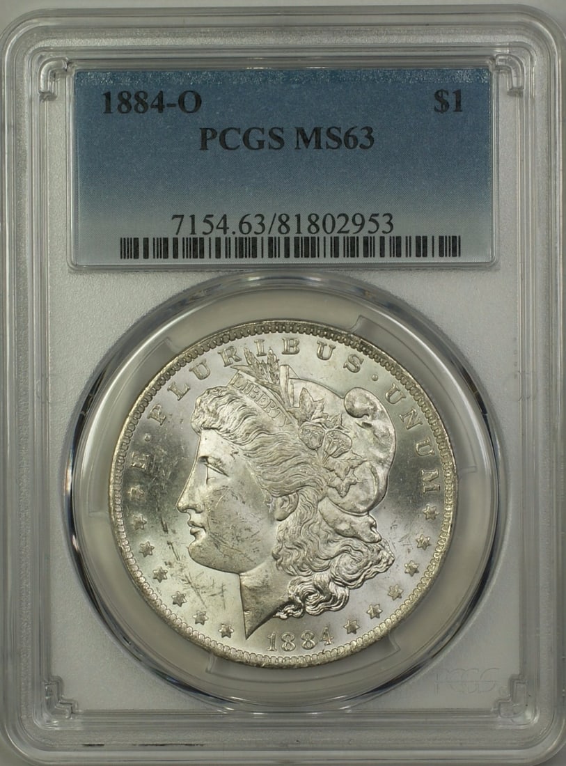 PCGS MS63 1884-O Silver Dollar Uncirculated New Orleans Mint: PCGS MS63 1884-O Silver Dollar Uncirculated New Orleans Mint This 1884-O Morgan Silver Dollar is certified by PCGS with a grade of MS-63. Minted in New Orleans in 1884, the coin is composed of silver 