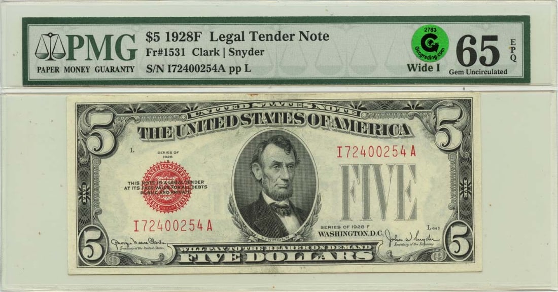 PMG 65 EPQ 1928F $5 Legal Tender Note FR#1531 Wide I: PMG 65 EPQ 1928F $5 Legal Tender Note FR#1531 Wide I 1928F $5 Legal Tender Note, Friedberg #1531, graded PMG Gem 65 EPQ. This pre-owned note is described as uncirculated and identified as a Wide I var