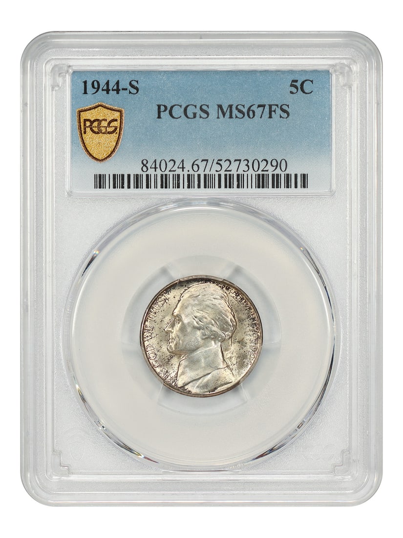 PCGS MS67FS 1944-S Jefferson 5C Nickel: PCGS MS67FS 1944-S Jefferson 5C Nickel 1944-S Jefferson Nickel certified by PCGS in MS67FS grade. This uncirculated pre-owned coin was struck at the San Francisco Mint and is identified as a 5C denomi