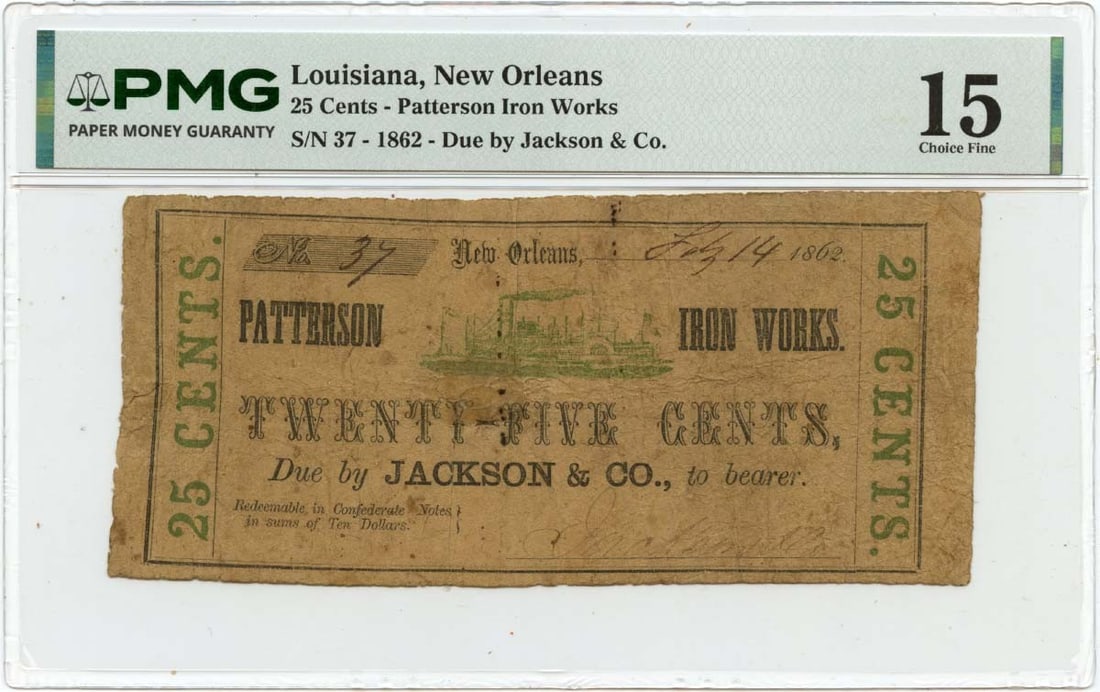 PMG F15 1862 Patterson Iron Works 25 Cents Obsolete Note New Orleans (1 of 2)