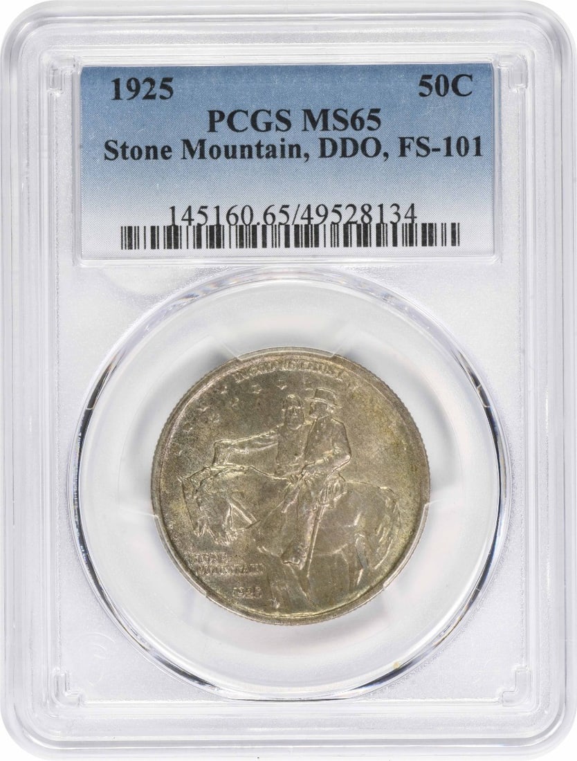 1925 Stone Mountain Silver Commemorative Half Dollar DDO FS-101 PCGS MS65: 1925 Stone Mountain Silver Commemorative Half Dollar DDO FS-101 PCGS MS65 1925 Stone Mountain commemorative silver half dollar graded MS65 by PCGS. This uncirculated United States coin is a commemorat