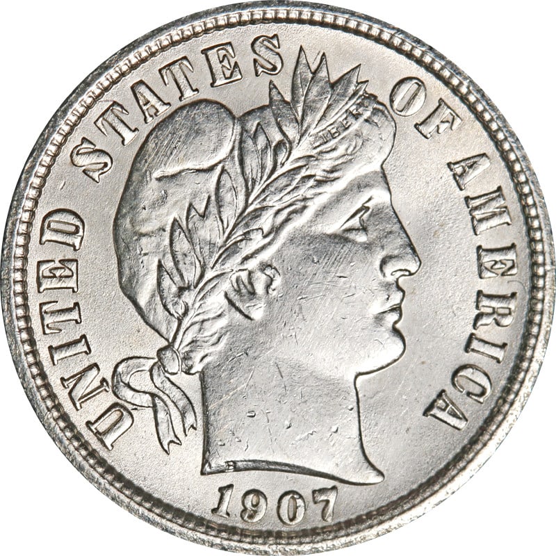 Circulated 1907 Philadelphia Silver Barber Dime United States Coin: Circulated 1907 Philadelphia Silver Barber Dime United States Coin This is a 1907-P Barber Dime from the United States. The coin is composed of silver with a fineness of 0.9 and was minted in Philadel