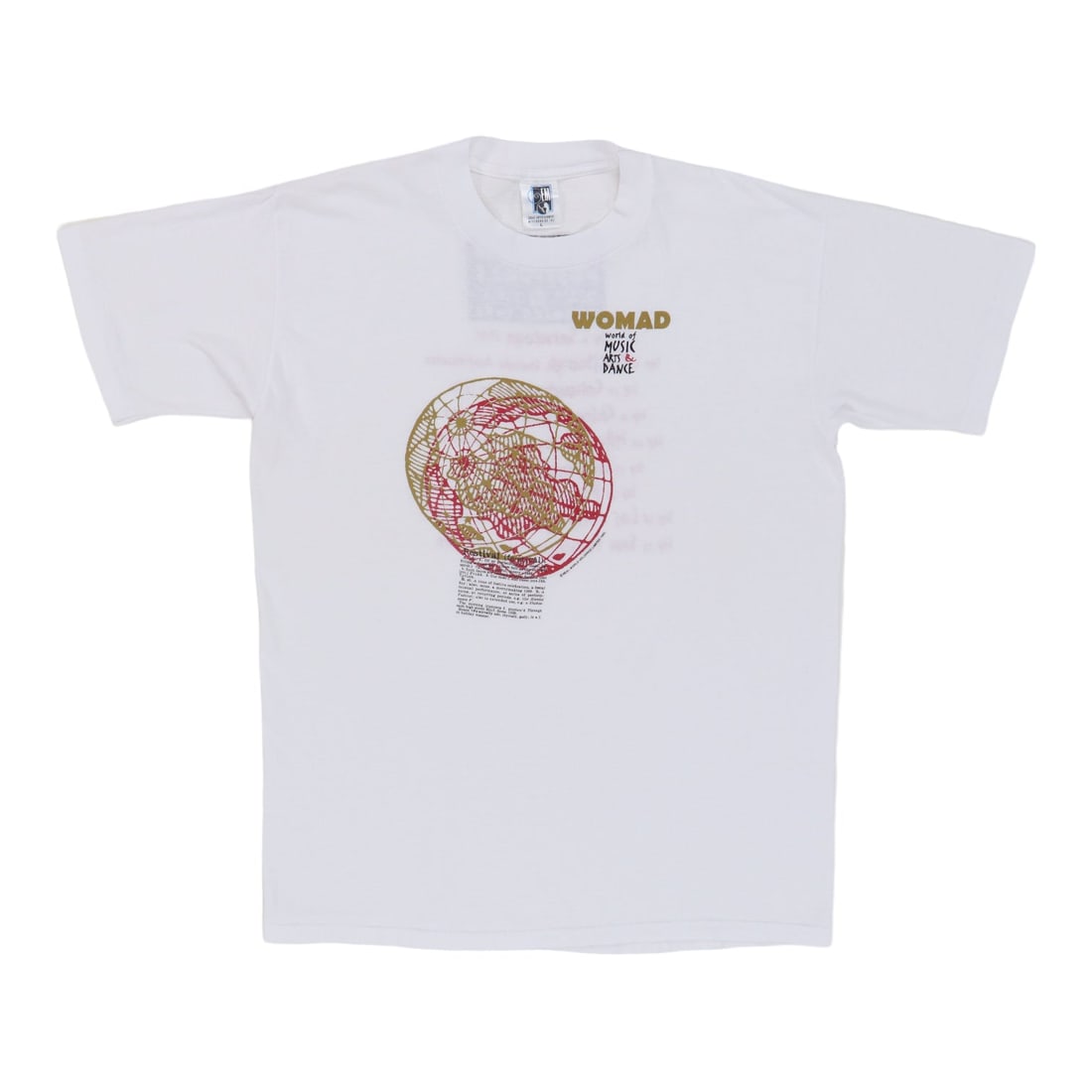 Vintage 1993 WOMAD World Of Music Cotton T-Shirt White Large: Vintage 1993 WOMAD World Of Music Cotton T-Shirt White Large This is an original vintage 1993 WOMAD World Of Music shirt featuring front and back graphics. Made from 100% cotton, the shirt is in excel