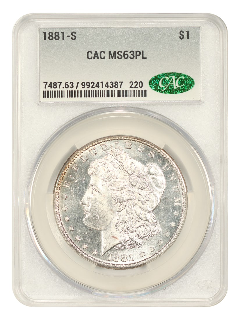 1881-S Morgan Dollar $1 CACG MS63PL Uncirculated Coin: 1881-S Morgan Dollar $1 CACG MS63PL Uncirculated Coin 1881-S Morgan Dollar certified CACG MS63PL. This uncirculated example is described as a popular common-date issue with flashy prooflike fields. Sp