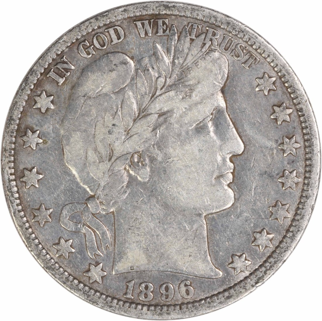United States 1896 O Barber 50C Silver Half Dollar VF Uncertified: United States 1896 O Barber 50C Silver Half Dollar VF Uncertified 1896-O Barber Half Dollar in VF grade. This circulated, pre-owned coin is an uncertified example struck in silver with a 50C denominat