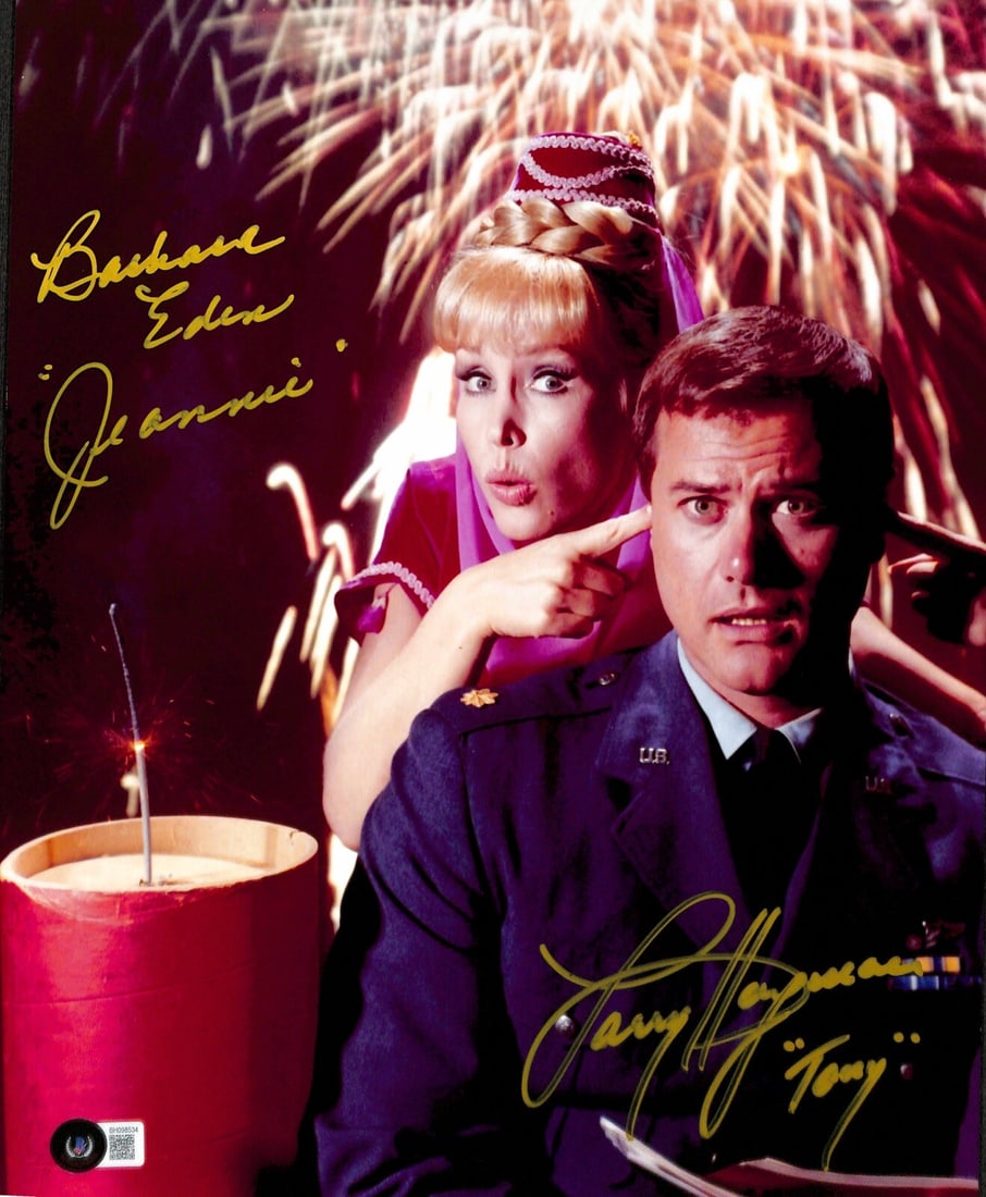 Barbara Eden Larry Hagman Signed 11x14 I Dream of Jeannie Photo BAS: Barbara Eden Larry Hagman Signed 11x14 I Dream of Jeannie Photo BAS This is an autographed 11x14 photograph featuring Barbara Eden and Larry Hagman from the iconic TV series "I Dream of Jeannie." The 