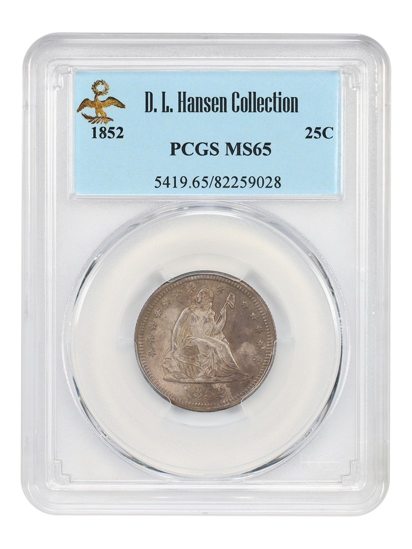 Liberty Seated Quarter 1852 25C PCGS MS65 ex D.L. Hansen: Liberty Seated Quarter 1852 25C PCGS MS65 ex D.L. Hansen 1852 Liberty Seated Quarter certified by PCGS as MS65. This uncirculated Philadelphia issue comes from a low mintage of 177,060, and the silver