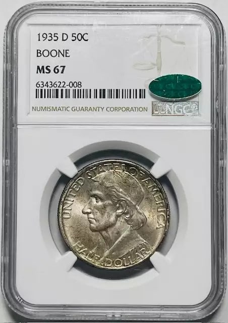 1935 D Daniel Boone Commemorative Silver Dollar NGC MS67 CAC: 1935 D Daniel Boone Commemorative Silver Dollar NGC MS67 CAC This 1935 D Classic Commemorative Daniel Boone Bicentennial coin is a remarkable piece of history, certified by NGC and CAC with a pristine