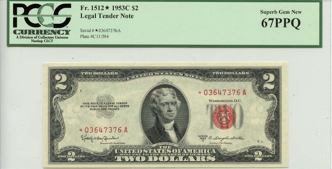 1953 $2 Legal Tender Note FR#1512* PCGS Superb Gem 67 (1 of 2)