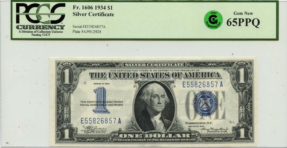 1934 United States $1 Silver Certificate PCGS MS65 GEM 65 PPQ: 1934 United States $1 Silver Certificate PCGS MS65 GEM 65 PPQ This is a 1934 $1 Silver Certificate from the United States, graded MS65 by PCGS Currency. The certificate is uncirculated and features th