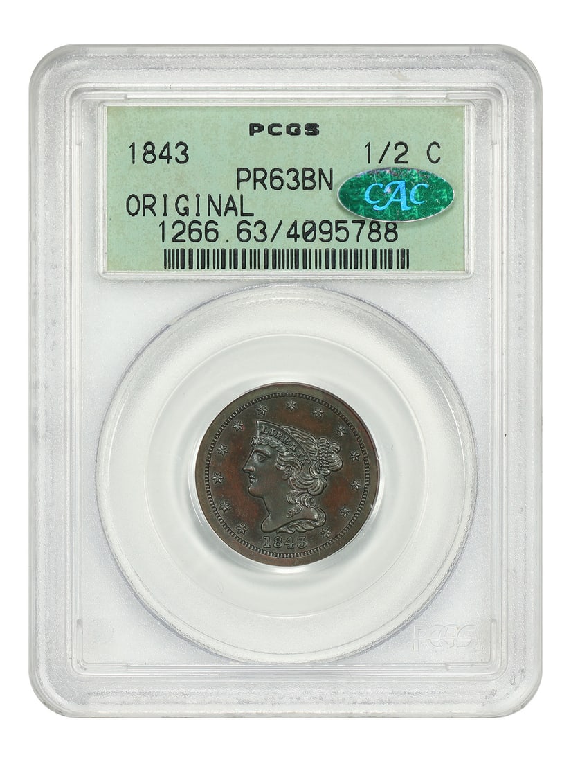 Braided Hair Half Cent 1843 PCGS CAC PR63BN Original OGH: Braided Hair Half Cent 1843 PCGS CAC PR63BN Original OGH An exceptional 1843 Braided Hair Half Cent Proof, certified PCGS PR63 BN and endorsed with a CAC sticker. This example is an Original strike an