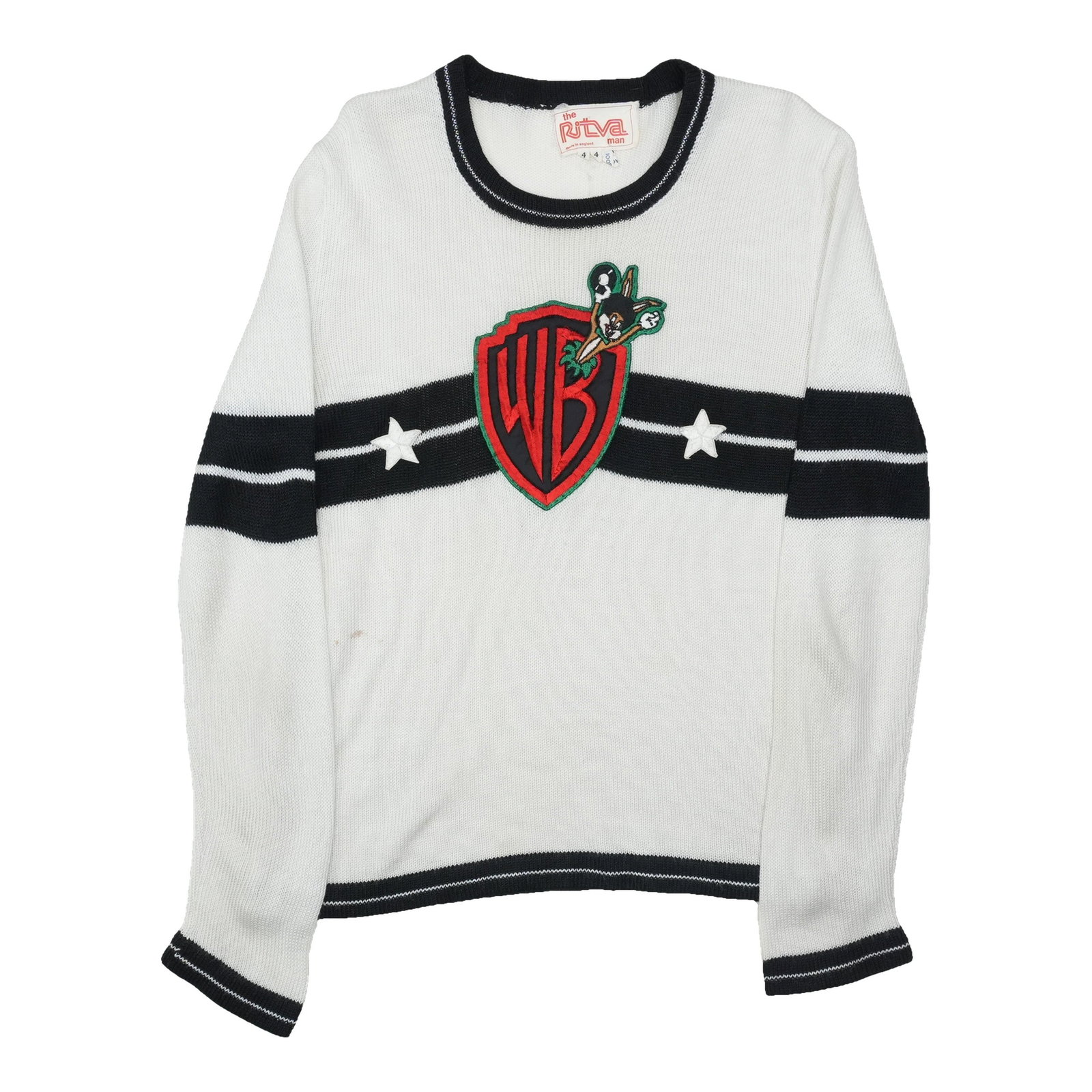 Warner Brothers Ritva Man White Knit Sweatshirt 1970s: Warner Brothers Ritva Man White Knit Sweatshirt 1970s Original vintage 1970s Warner Brothers Ritva Man sweater sweatshirt. This is a true vintage shirt, not a modern reproduction. It is in good condit