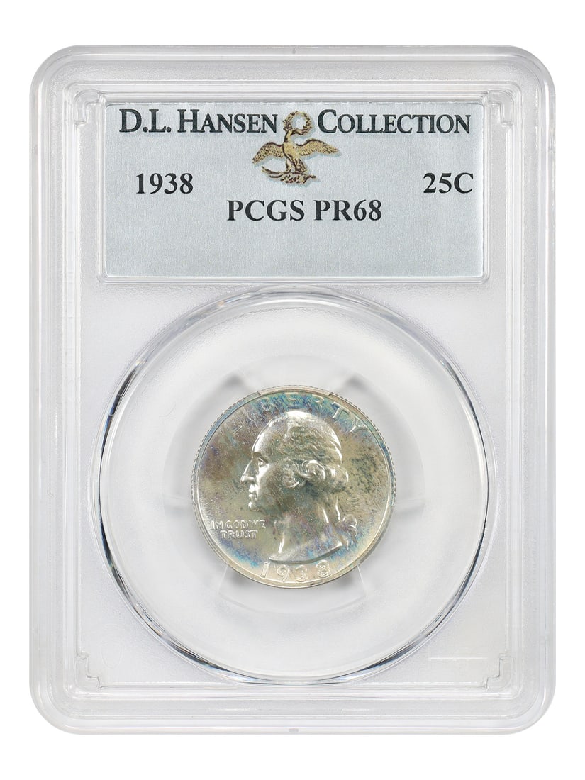 PCGS PR68 1938 Washington Quarter 25C Proof: PCGS PR68 1938 Washington Quarter 25C Proof 1938 Washington Quarter, denomination 25C, certified by PCGS as PR68. This uncirculated proof issue is tied for finest known. Only 8,045 coins were struck. 