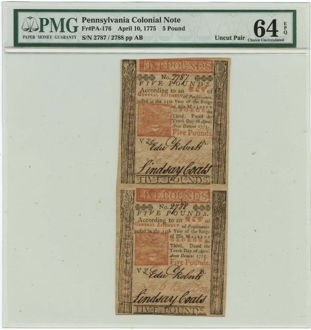 Uncut Pair Pennsylvania 5 Pound Colonial Notes April 10 1775 PMG CU64: Uncut Pair Pennsylvania 5 Pound Colonial Notes April 10 1775 PMG CU64 This item features a pair of uncut Pennsylvania Colonial notes dated April 10, 1775, each with a denomination of 5 pounds. The not