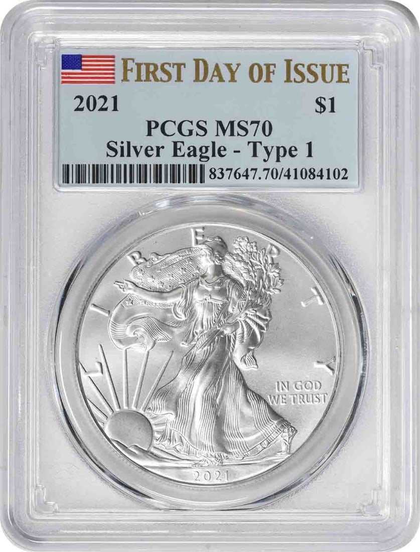 PCGS MS70 2021 American Silver Eagle Type 1 First Day of Issue: PCGS MS70 2021 American Silver Eagle Type 1 First Day of Issue This 2021 $1 American Silver Eagle Type 1 coin is graded MS70 by PCGS and was issued on the first day of release. The coin contains 1 oz 