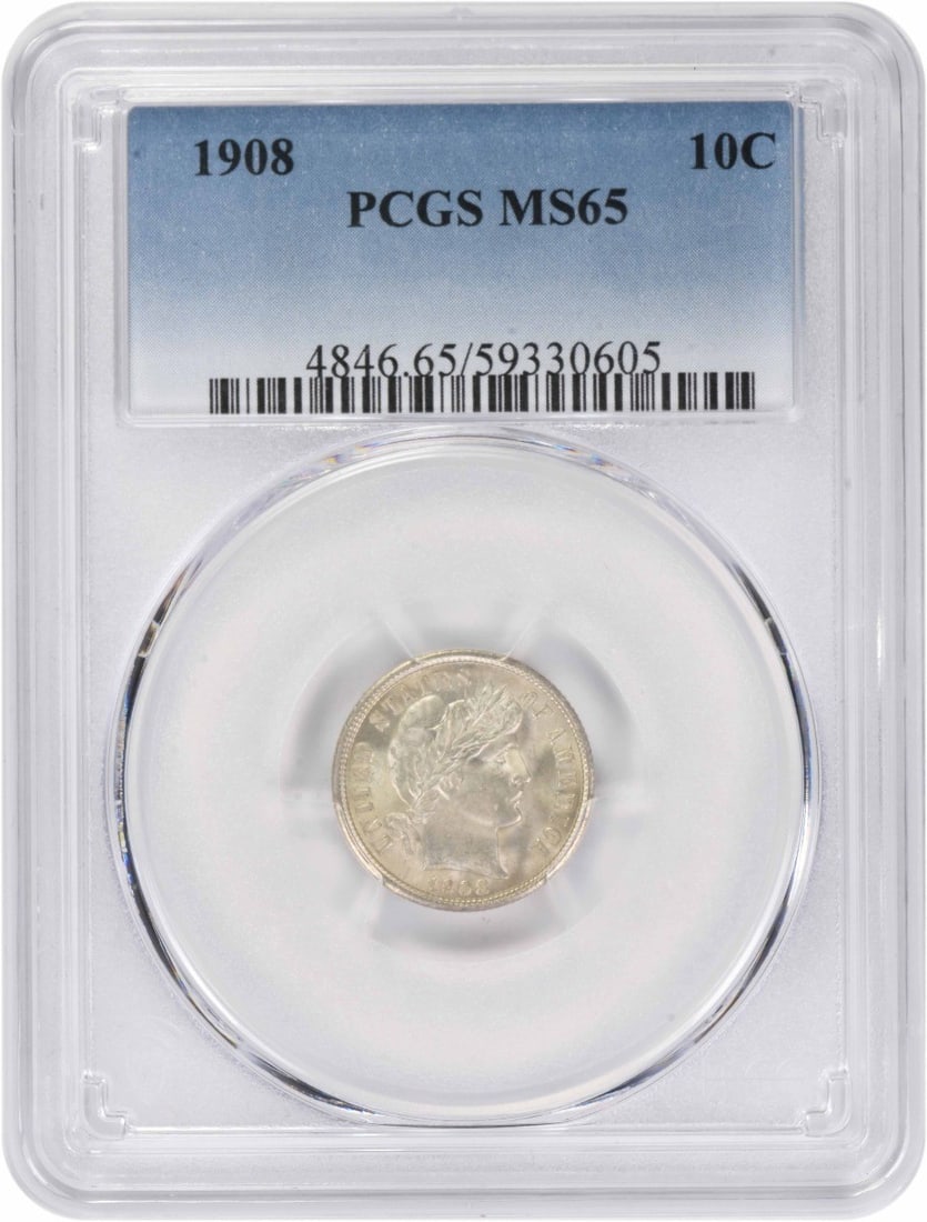 PCGS MS65 1908 Barber 10C Silver Dime: PCGS MS65 1908 Barber 10C Silver Dime 1908 Barber silver dime certified by PCGS and graded MS65. This uncirculated United States 10C coin is a pre-owned example with silver composition. Specifications