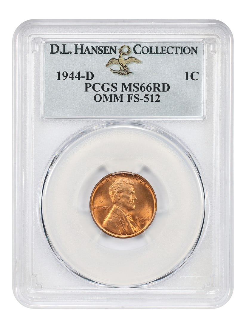 PCGS MS66RD 1944-D Lincoln Cent FS-512 OMM ex D.L. Hansen: PCGS MS66RD 1944-D Lincoln Cent FS-512 OMM ex D.L. Hansen 1944-D Lincoln Cent with Wheat Reverse, certified by PCGS as MS66RD. This uncirculated example is the FS-512 over-mintmark variety, formerly 0