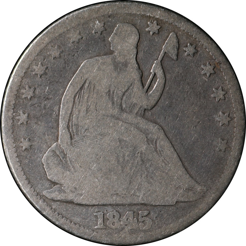 1845 O Liberty Seated Half Dollar Silver G+ Repunched Date FS 50-18450-301: 1845 O Liberty Seated Half Dollar Silver G+ Repunched Date FS 50-18450-301 1845-O Seated Half Dollar in circulated condition, graded Nice G+. The coin is silver, from the United States, and features a