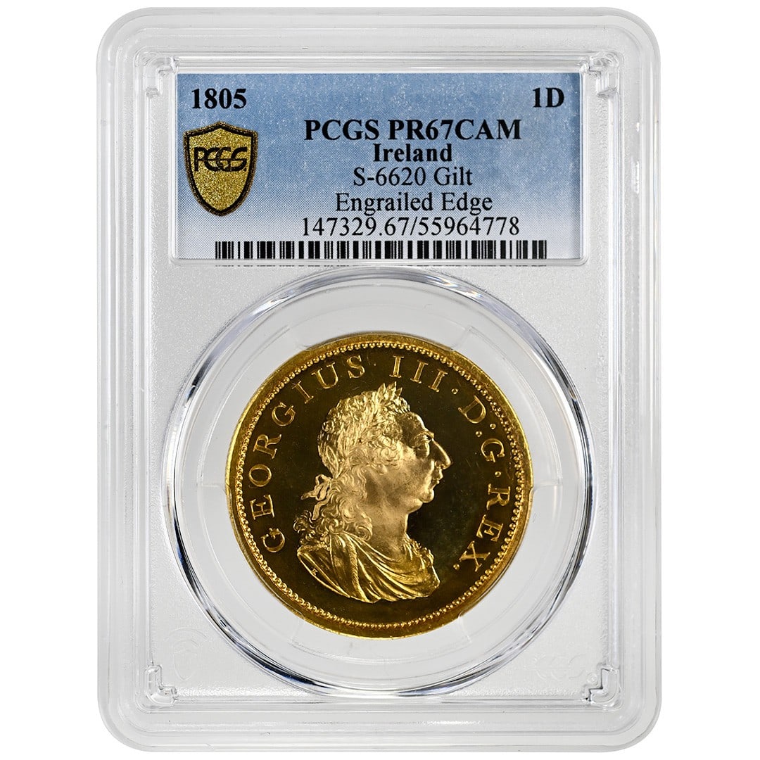 1805 Ireland 1D Gold PCGS PR67CAM Proof Cameo: 1805 Ireland 1D Gold PCGS PR67CAM Proof Cameo This is an 1805 Ireland 1D Gilt coin, graded PR67CAM by PCGS. The coin is composed of gold and is in uncirculated condition. It is a pre-owned collectible