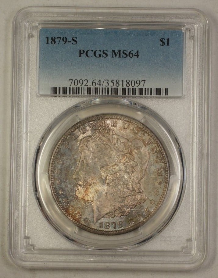 PCGS MS64 1879-S Morgan Dollar Toned Silver Coin San Francisco Mint: PCGS MS64 1879-S Morgan Dollar Toned Silver Coin San Francisco Mint This 1879-S US Morgan Silver Dollar is a $1 coin minted in San Francisco and certified by PCGS with an MS-64 grade. The coin feature