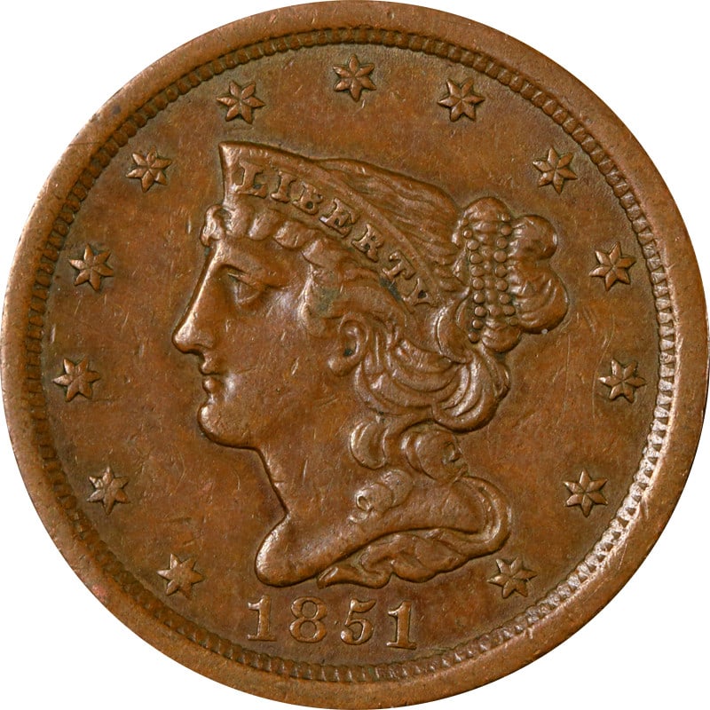 1851 United States Braided Hair Half Cent Copper Coin: 1851 United States Braided Hair Half Cent Copper Coin 1851 Braided Hair Half Cent from the United States. This pre-owned copper coin is uncertified and listed in circulated condition. Specifications I