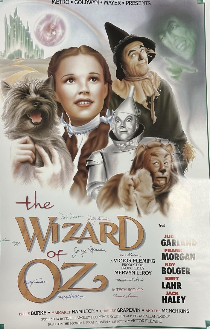 The Wizard of Oz Multi-Signed 34x22 Poster with 9 Signatures Beckett LOA: The Wizard of Oz Multi-Signed 34x22 Poster with 9 Signatures Beckett LOA Celebrate the timeless magic of The Wizard of Oz with this rare multi-signed poster, measuring 34" x 22". This stunning piece f