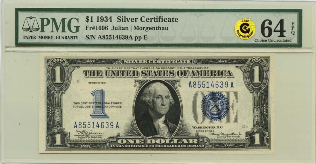 PMG 64 EPQ 1934 $1 United States Silver Certificate FR#1606: PMG 64 EPQ 1934 $1 United States Silver Certificate FR#1606 1934 $1 Silver Certificate from the United States. This pre-owned note is graded uncirculated and encapsulated by PMG, with EPQ designation 