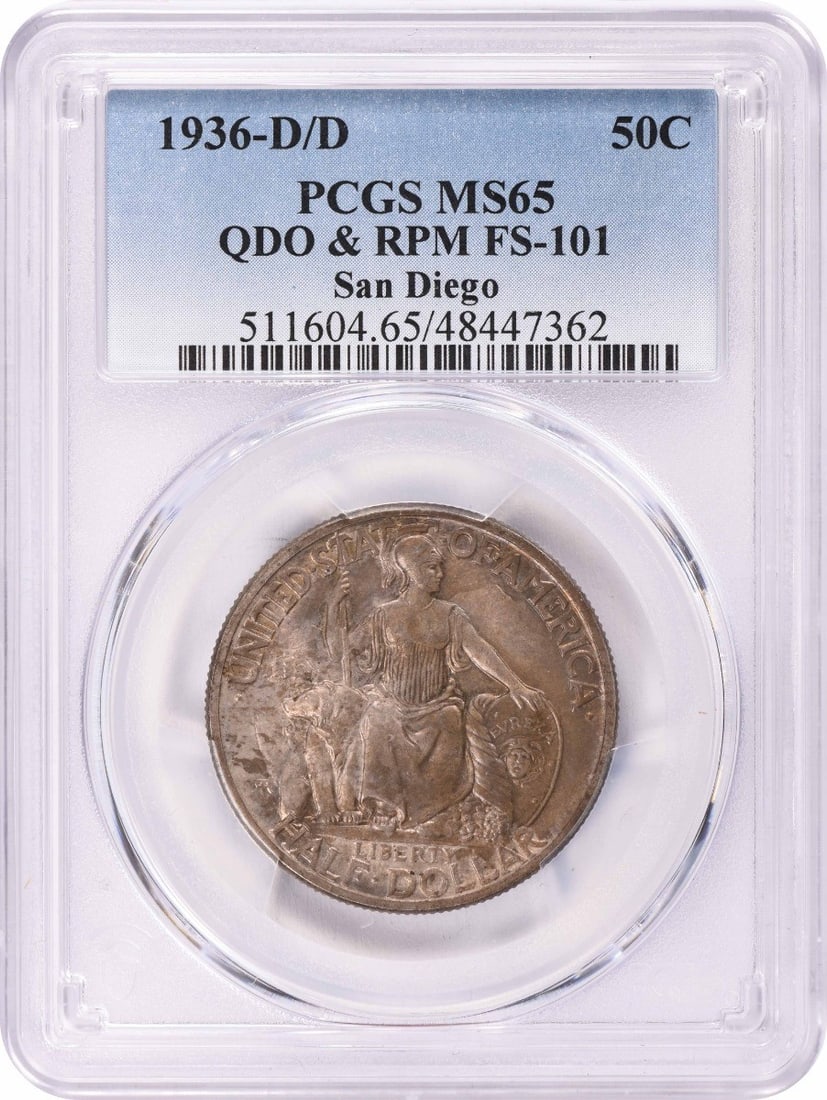 1936 San Diego Commemorative Silver Half Dollar MS65 PCGS Denver Mint: 1936 San Diego Commemorative Silver Half Dollar MS65 PCGS Denver Mint This 1936-D/D San Diego Commemorative Silver Half Dollar is a remarkable collectible piece, graded MS65 by PCGS, ensuring its exce