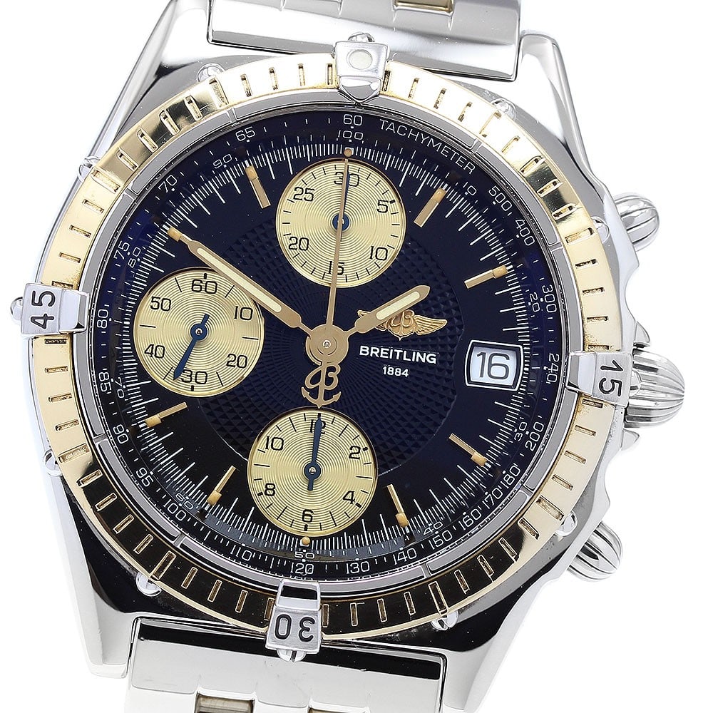 Breitling Chronomat D13050 automatic chronograph date mens wristwatch: Breitling Chronomat D13050 automatic chronograph date mens wristwatch Breitling Chronomat men's wristwatch, reference D13050, with a stainless steel and yellow gold case and band. It features a black 