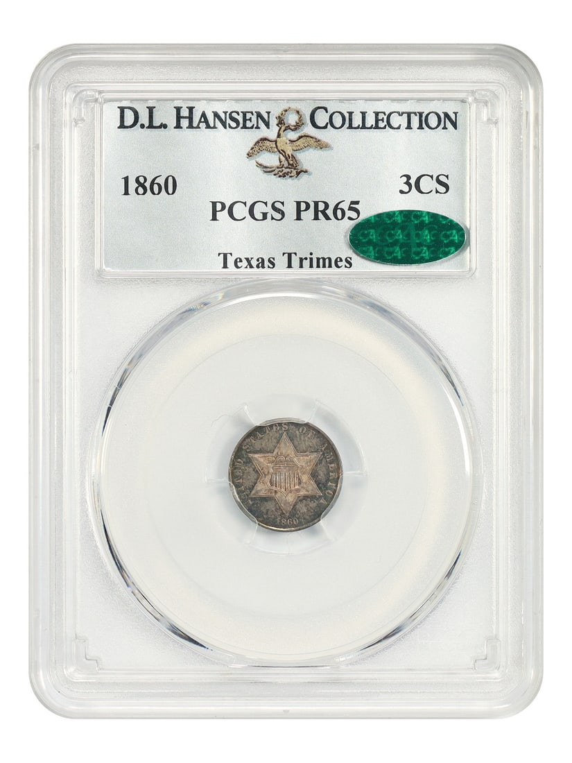 1860 Three Cent Silver PR65 PCGS CAC ex D.L. Hansen: 1860 Three Cent Silver PR65 PCGS CAC ex D.L. Hansen 1860 Three Cent Silver coin certified by PCGS as PR65 and bearing a CAC sticker. This uncirculated proof example is noted as ex: D.L. Hansen. The or