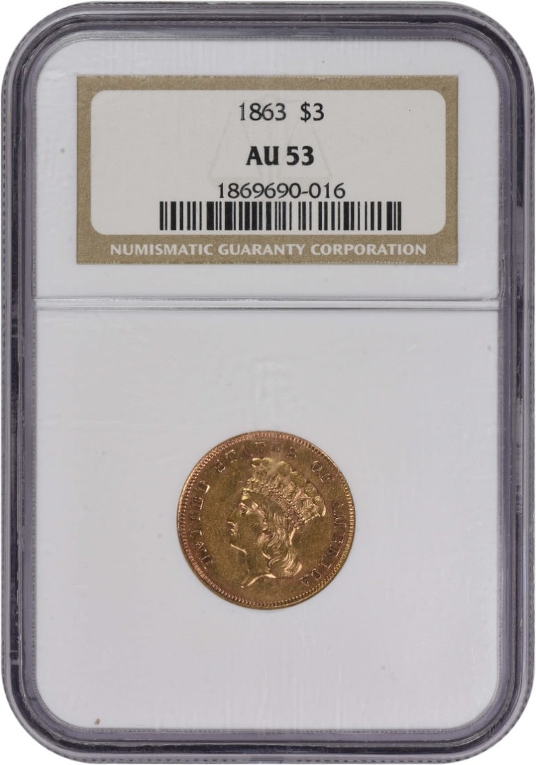 NGC AU53 1863 United States $3 Gold Coin: NGC AU53 1863 United States $3 Gold Coin 1863 $3 Gold coin graded AU53 by NGC. This pre-1933 United States issue is composed of gold and is listed as uncirculated. The coin is pre-owned and identified