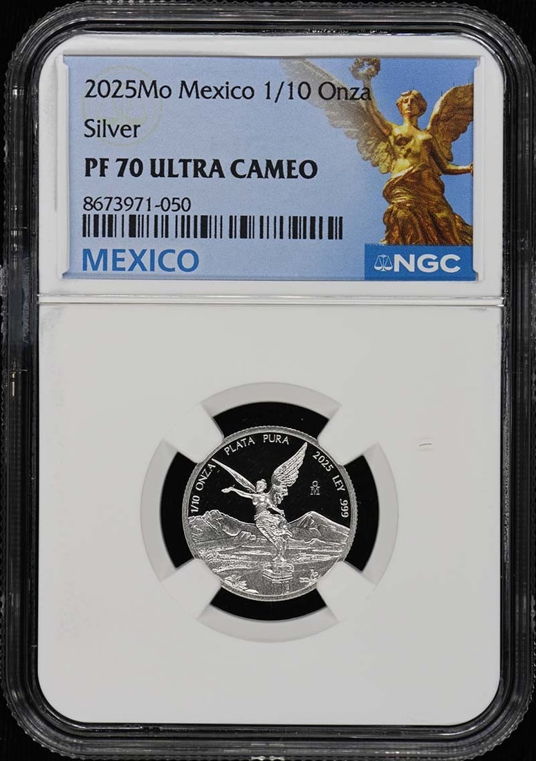 NGC PF70UC 2025 Mexico 1/10 Onza Libertad Silver Coin: NGC PF70UC 2025 Mexico 1/10 Onza Libertad Silver Coin 2025 Mo Mexico 1/10 Onza Libertad silver coin graded NGC PF70UC. This uncirculated, pre-owned coin is a low mintage issue of 1500. Specifications 