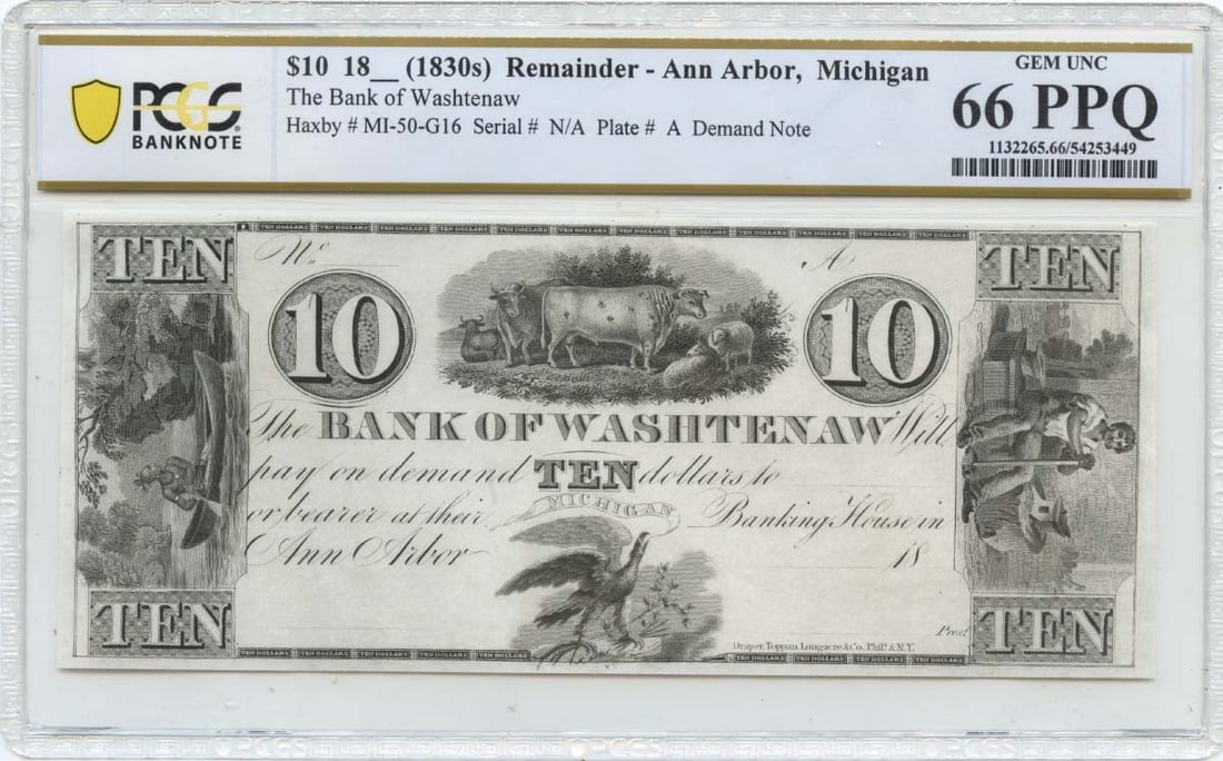 PCGS 66 PPQ Bank of Washtenaw Ann Arbor Michigan $10 Obsolete Note 1830s: PCGS 66 PPQ Bank of Washtenaw Ann Arbor Michigan $10 Obsolete Note 1830s 1830s $10 obsolete note from the Bank of Washtenaw in Ann Arbor, Michigan. This pre-owned banknote is an uncirculated example a