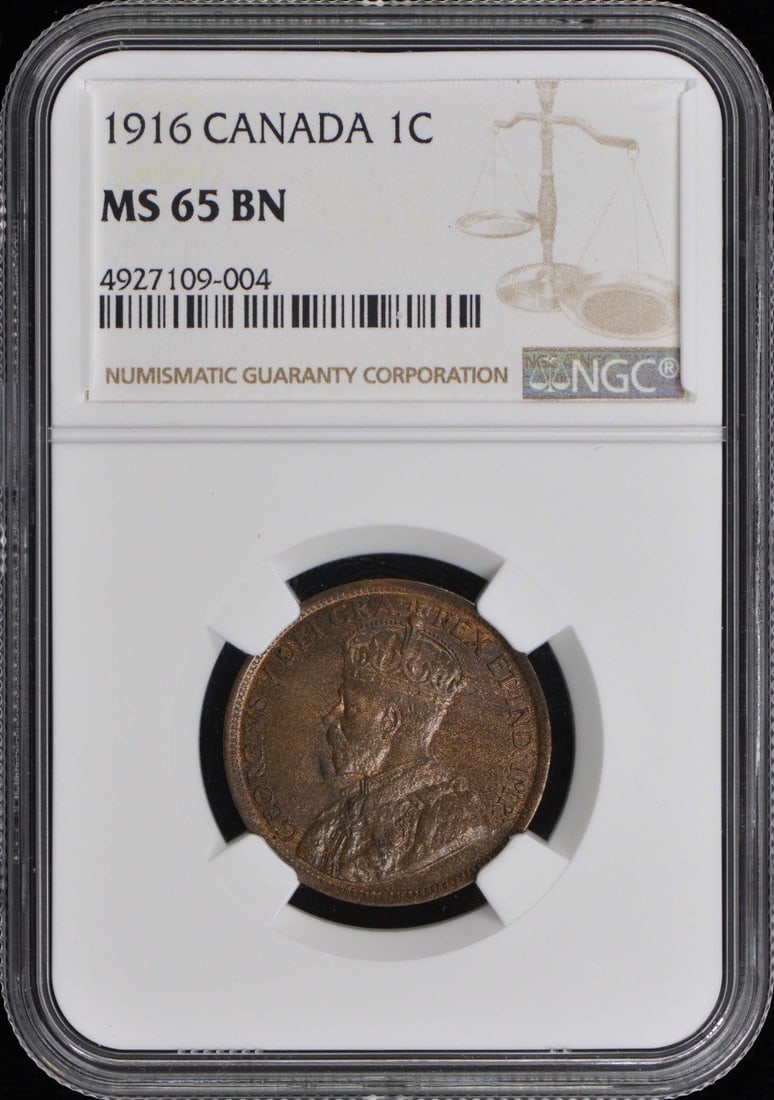 1916 Canada 1 Cent Coin NGC MS65 Certified Uncirculated: 1916 Canada 1 Cent Coin NGC MS65 Certified Uncirculated This stunning 1916 Canada 1 Cent coin is graded MS65 by NGC, indicating its exceptional uncirculated condition. With a certification number of 4