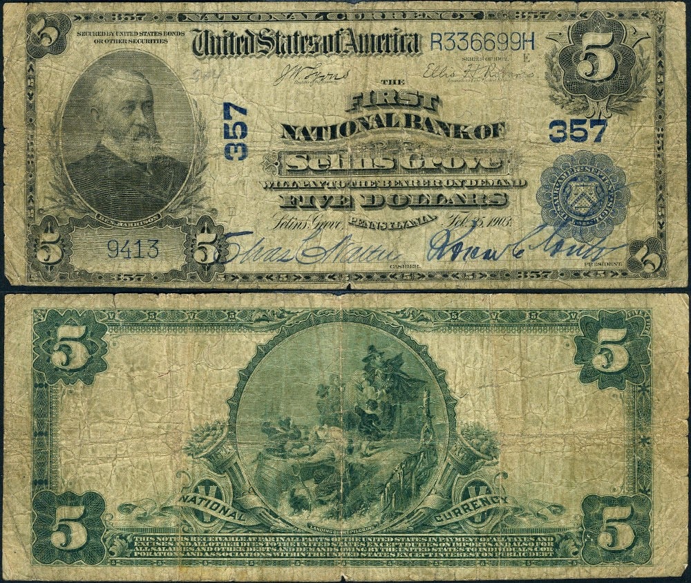 $5 1902 PB Selins Grove Pennsylvania National Bank Note CH 3575: $5 1902 PB Selins Grove Pennsylvania National Bank Note CH 3575 This is a 1902 Plain Back $5 National Bank Note from Selins Grove, Pennsylvania, issued by the First National Bank (Charter #3575). The 