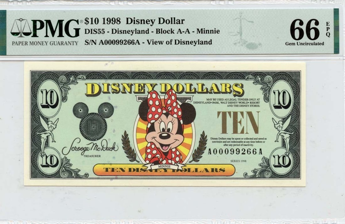 PMG MS66 1998 Ten Dollar Disney Note Minnie Mouse Gem Uncirculated: PMG MS66 1998 Ten Dollar Disney Note Minnie Mouse Gem Uncirculated This is a 1998 $10 Disney Dollar featuring Minnie Mouse, graded Gem 66 EPQ by PMG. The note is uncirculated and certified with PMG ce