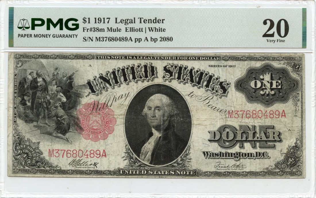 PMG VF25 1917 United States $1 Legal Tender Note Fr 38m Mule: PMG VF25 1917 United States $1 Legal Tender Note Fr 38m Mule 1917 United States $1 Legal Tender Note, Friedberg #38m Mule, graded PMG VF25. This circulated, pre-owned note is a certified example of an