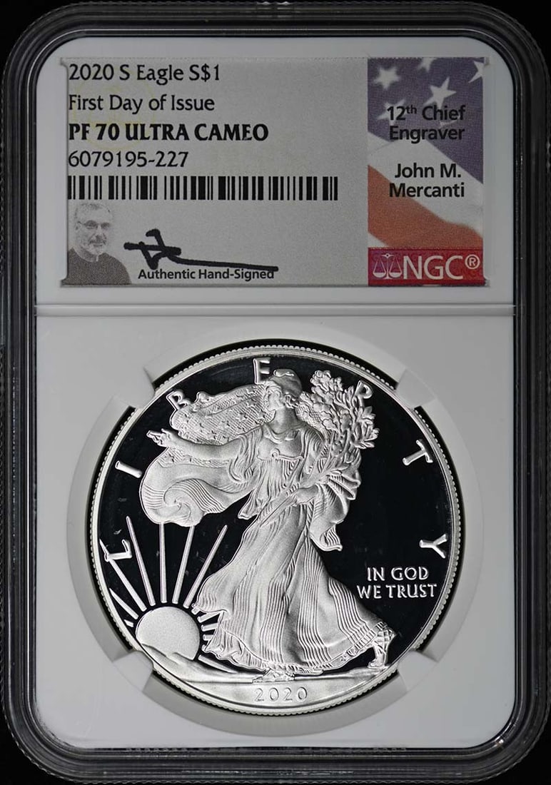 NGC PR70DCAM 2020 S Silver Eagle Dollar First Day Issue: NGC PR70DCAM 2020 S Silver Eagle Dollar First Day Issue This is a 2020 S American Eagle Silver Dollar, certified by NGC with a grade of PR70DCAM, indicating a flawless proof coin. It is a First Day of
