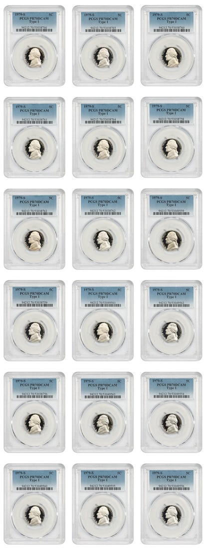 18 PCGS PR70DCAM Type 1 Jefferson Nickels 1979-S 5C: 18 PCGS PR70DCAM Type 1 Jefferson Nickels 1979-S 5C Lot of 18 1979-S Jefferson Nickels graded PCGS PR70DCAM, Type 1. These uncirculated coins are described as flawless and are tied for the finest know