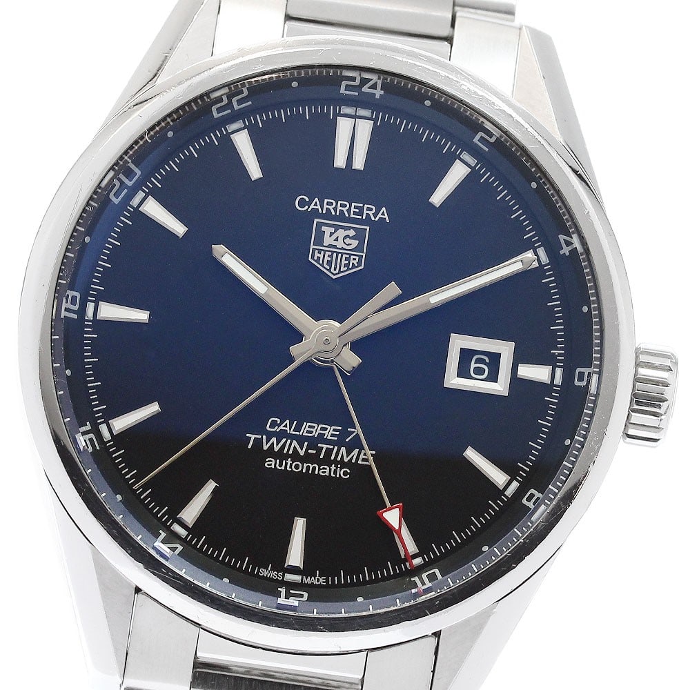 TAG Heuer WAR2010 Carrera Calibre 7 Twin Time automatic men's wristwatch: TAG Heuer WAR2010 Carrera Calibre 7 Twin Time automatic men's wristwatch Pre-owned TAG Heuer Carrera Calibre 7 Twin Time men's wristwatch, reference WAR2010, with a black dial and automatic movement. 
