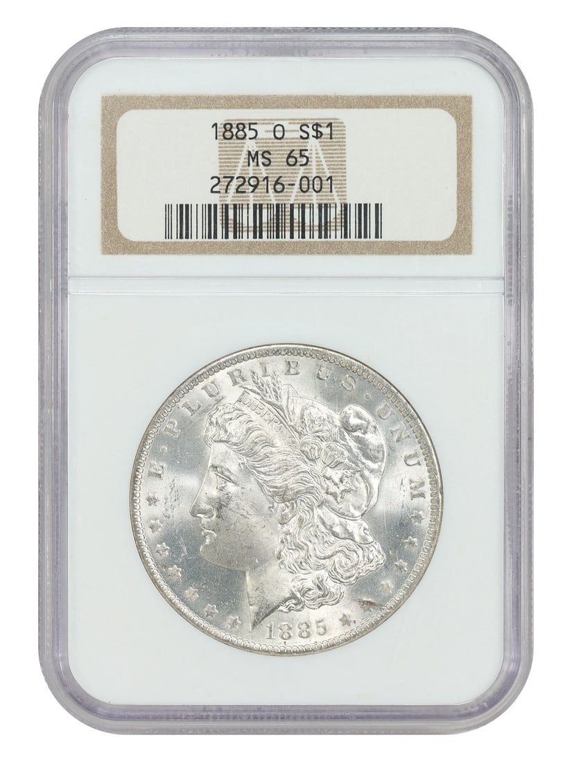 NGC MS65 1885-O Morgan Silver Dollar New Orleans $1: NGC MS65 1885-O Morgan Silver Dollar New Orleans $1 An 1885-O Morgan Dollar $1 certified by NGC and graded MS65. Struck at the New Orleans Mint, this uncirculated coin is identified by certification n