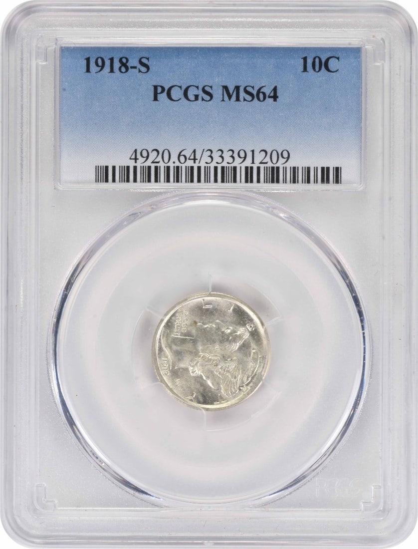 PCGS MS64 1918 S Mercury Dime 10C Silver Coin: PCGS MS64 1918 S Mercury Dime 10C Silver Coin 1918-S Mercury silver dime graded MS64 by PCGS. This uncirculated United States 10C coin is composed of 90% silver and 10% copper and features a reeded ed