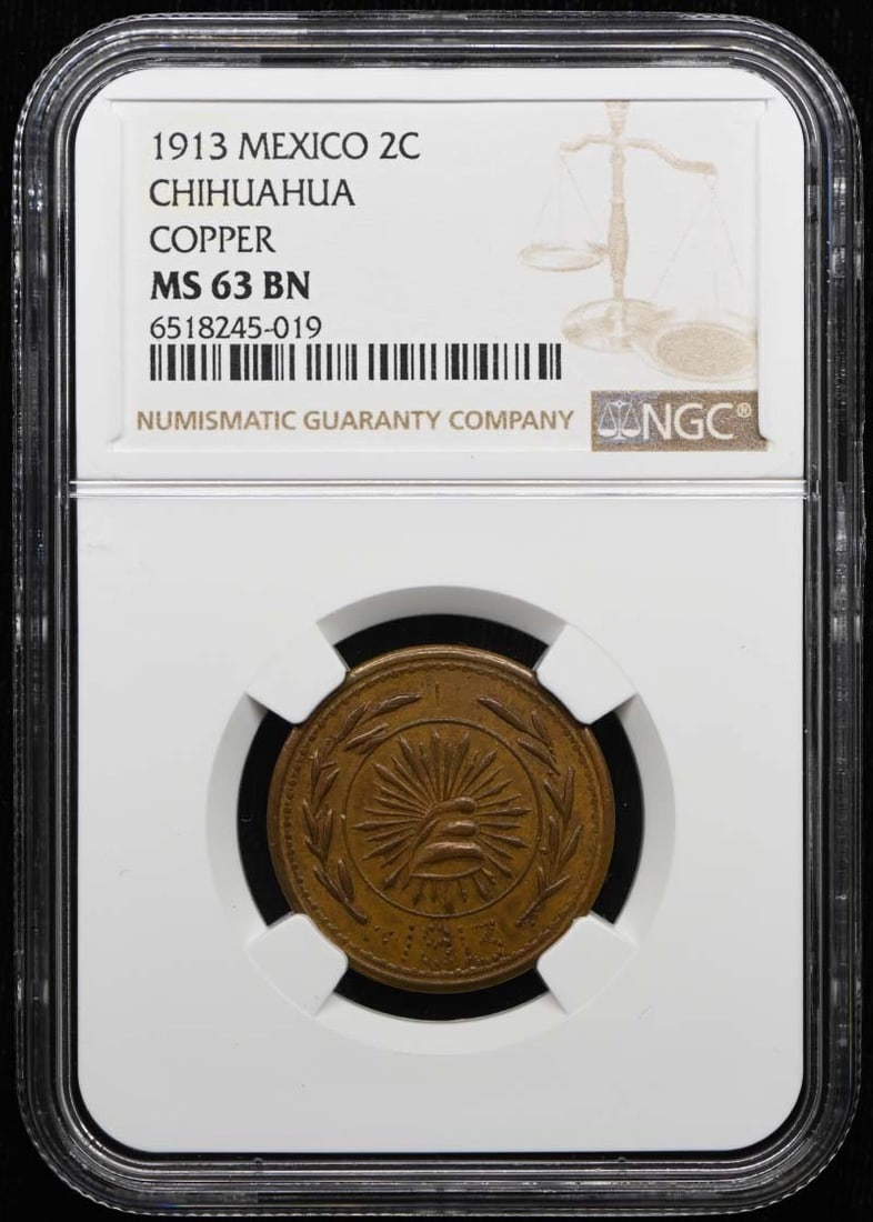 Mexico Chihuahua 1913 2C Coin NGC MS63BN KM-607 GB-75: Mexico Chihuahua 1913 2C Coin NGC MS63BN KM-607 GB-75 1913 Mexico Chihuahua 2 centavos coin, certified by NGC and graded MS63BN. This pre-owned coin is listed as uncirculated. Specifications Country o