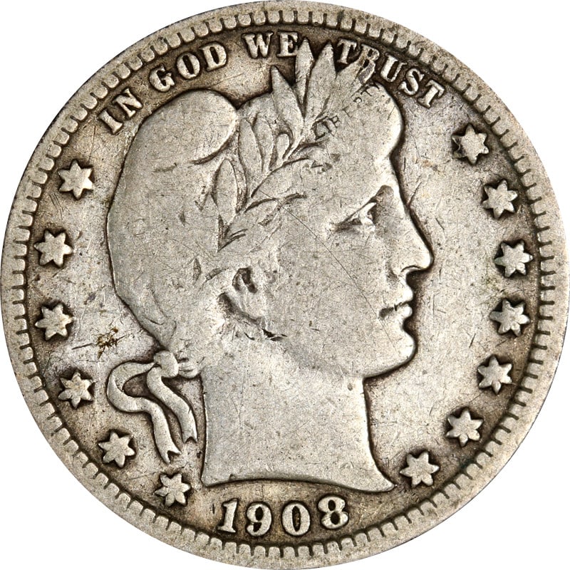 1908 San Francisco Barber silver quarter: 1908 San Francisco Barber silver quarter This is a 1908-S Barber Quarter from the United States. Struck in silver with a fineness of 0.9, this coin is circulated and pre-owned. It is an uncertified ex