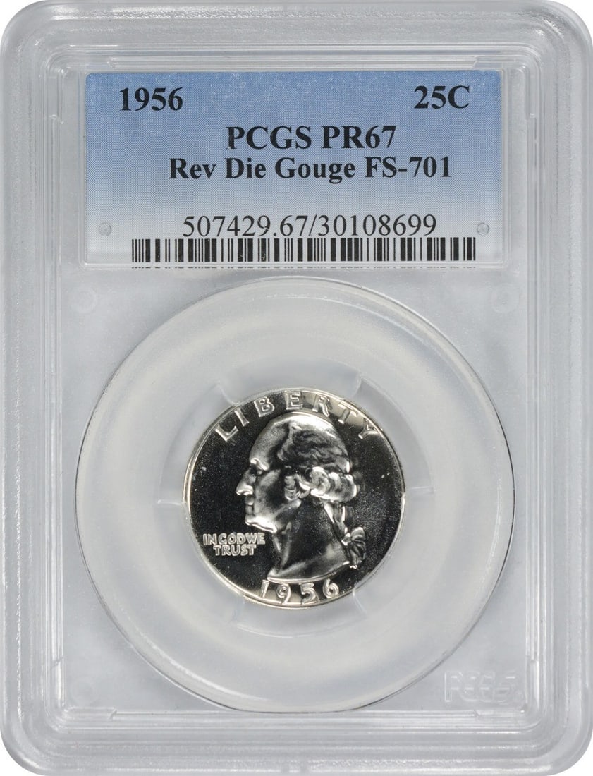 1956 Washington Silver Quarter PR67 PCGS Reverse Die Gouge: 1956 Washington Silver Quarter PR67 PCGS Reverse Die Gouge This 1956 Washington Silver Quarter features a reverse die gouge and is certified by PCGS with a grade of PR67. Struck in Philadelphia, this 