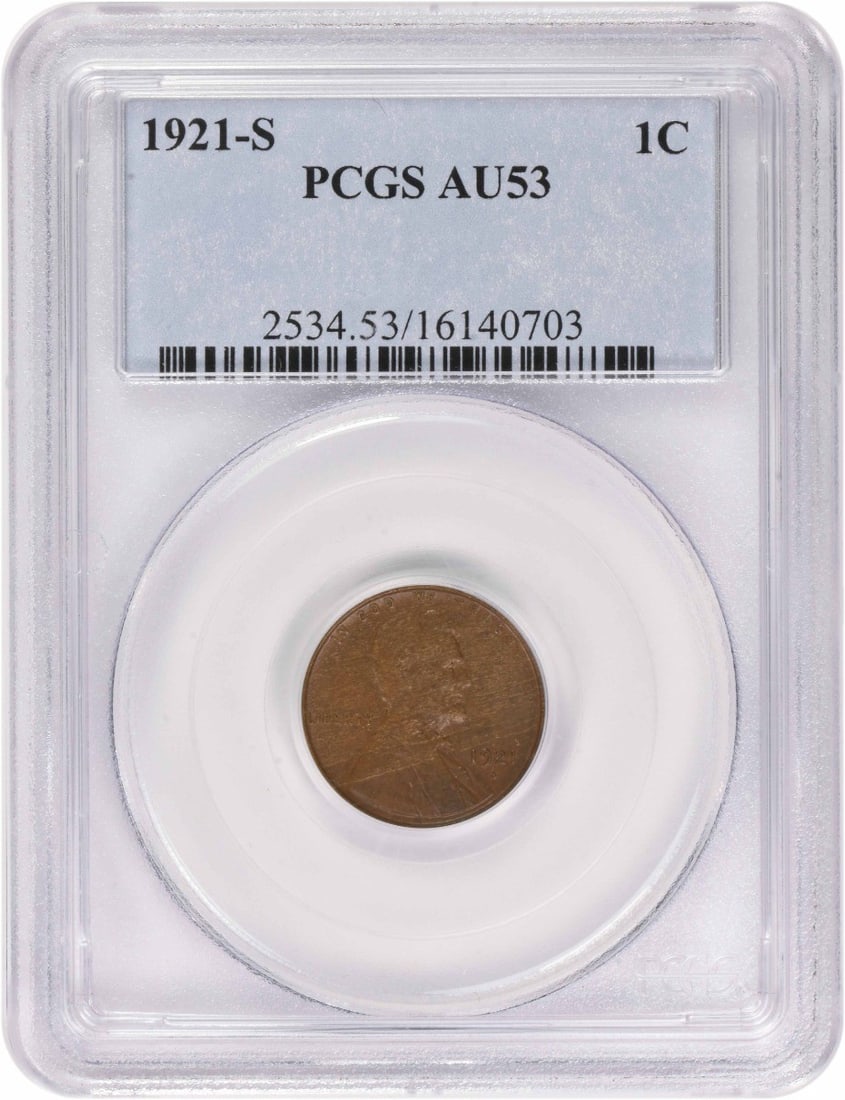 PCGS AU53 1921 S Lincoln Wheat Small Cent: PCGS AU53 1921 S Lincoln Wheat Small Cent 1921-S Lincoln Wheat small cent graded AU53 by PCGS. This pre-owned United States copper coin is an uncirculated issue with the San Francisco mint designation